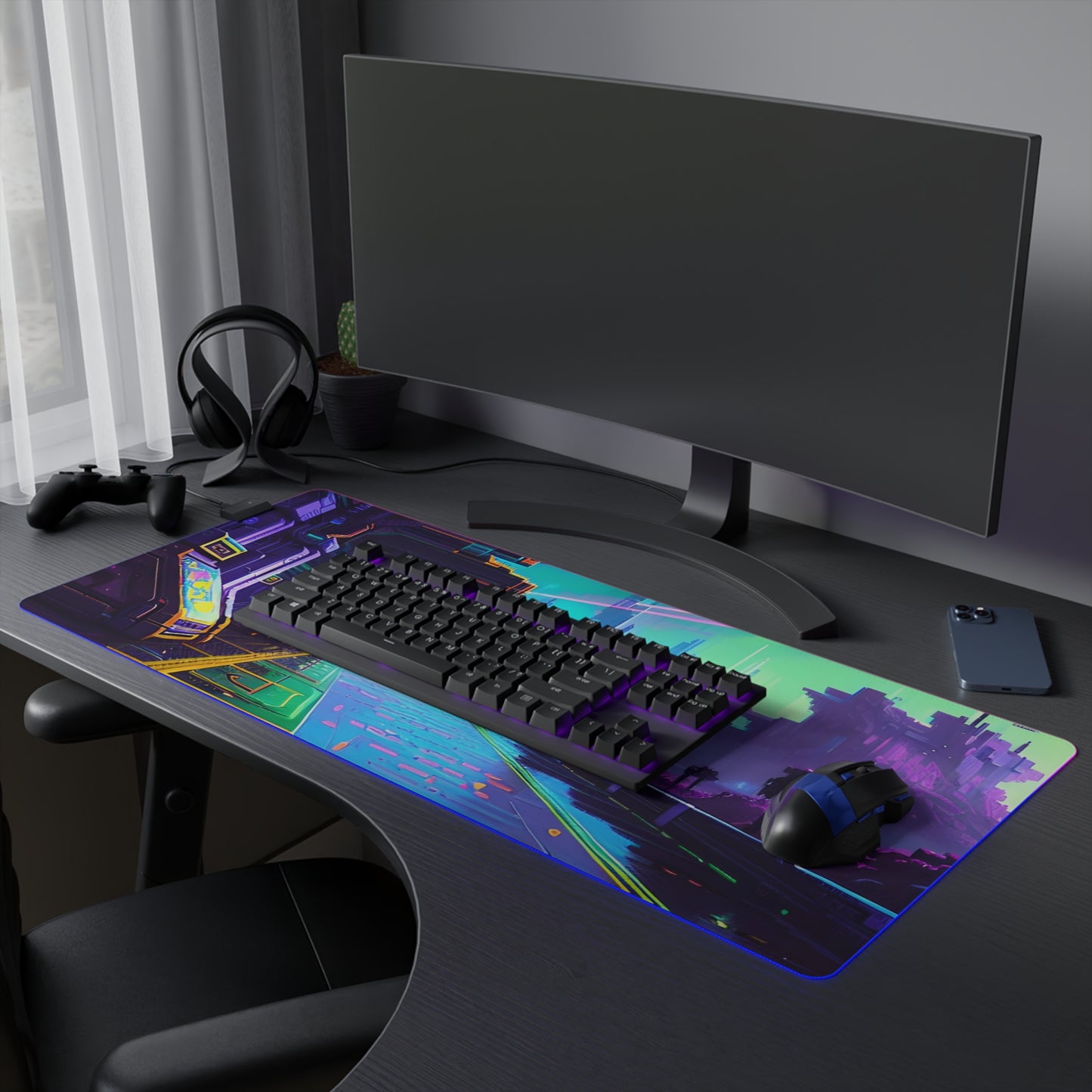 Pixel cyberpunk train station LED Gaming Mouse Pad